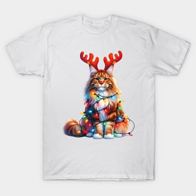Christmas Red Nose Maine Coon Cat T-Shirt by Chromatic Fusion Studio